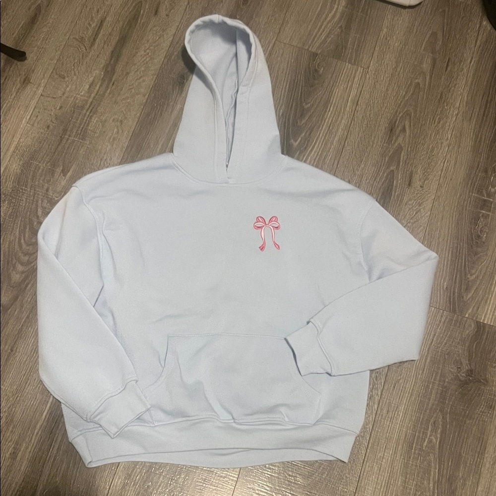 Girls size L baby blue hoody with pink bows